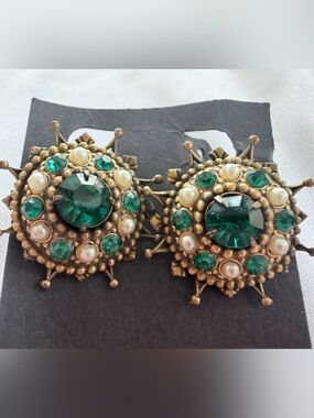 Vintage Green Crystal and Pearl Statement Earrings -Coro